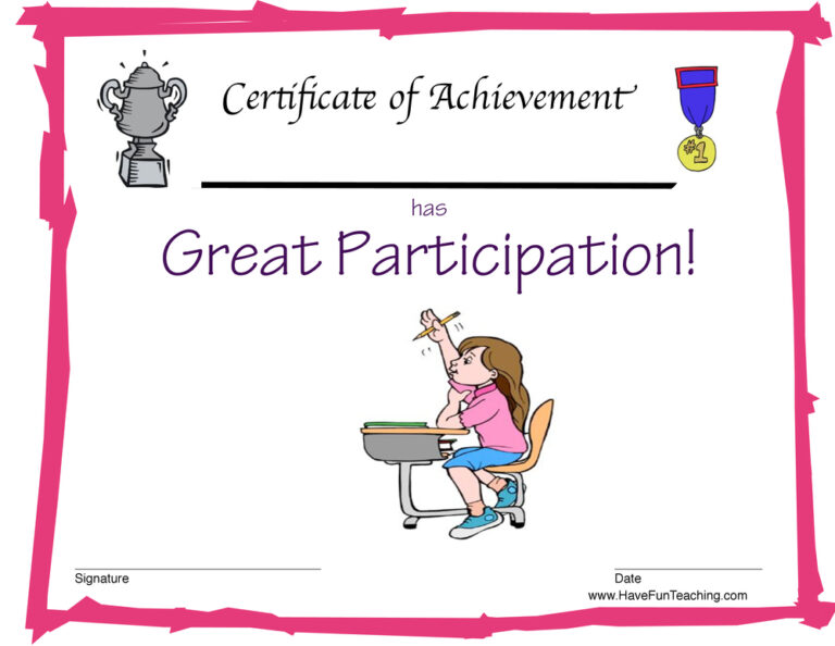 Participation Reward Certificate for Girls
