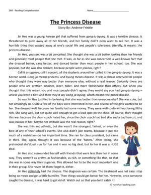 Princess Disease Reading Comprehension Worksheet