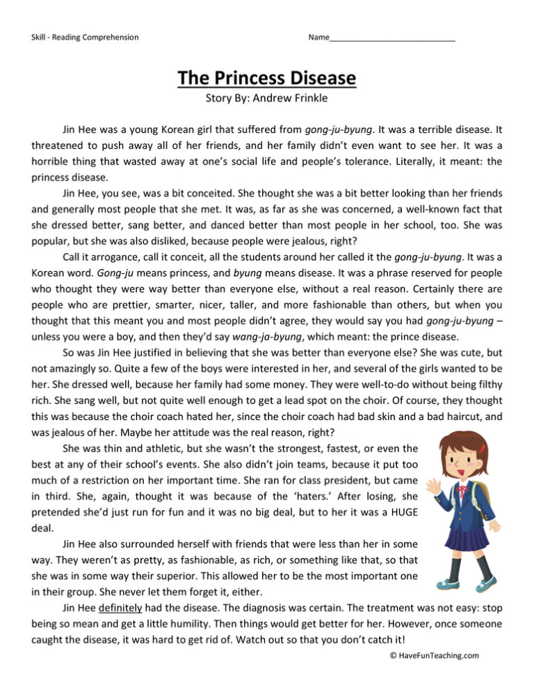 Princess Disease Reading Comprehension Worksheet