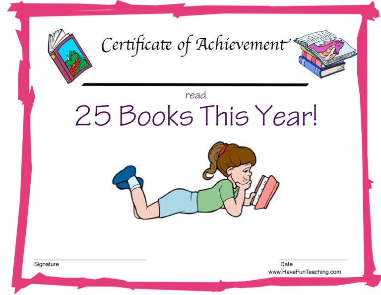 Read 25 Books Reward Certificate for Girls
