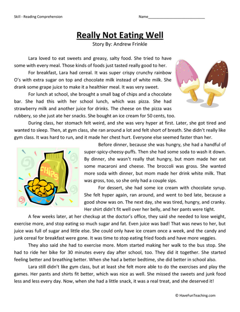 Really Not Eating Well Reading Comprehension Worksheet