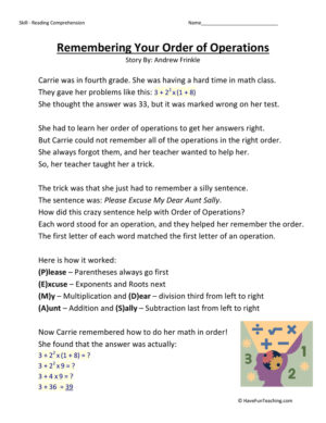 Remembering Your Order of Operations Reading Comprehension Worksheet