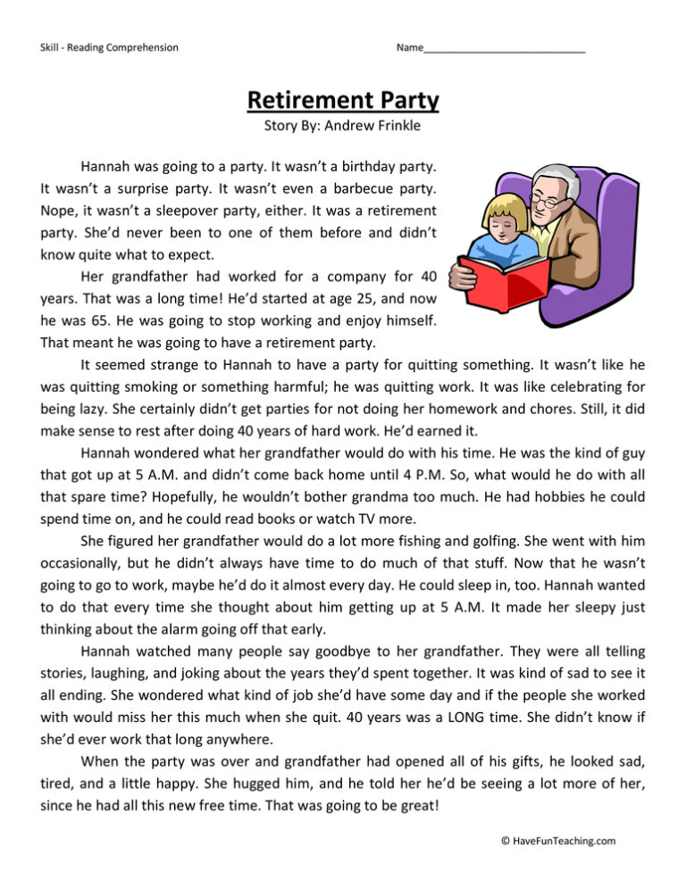 Retirement Party Reading Comprehension Worksheet