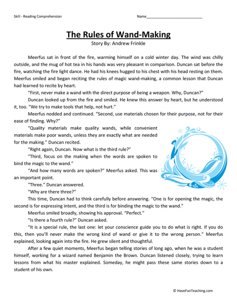 Rules of Wandmaking Reading Comprehension Worksheet