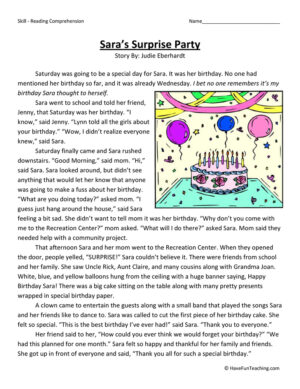 Sara's Surprise Party Reading Comprehension Worksheet