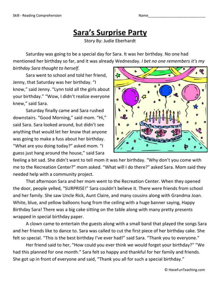 Sara's Surprise Party Reading Comprehension Worksheet