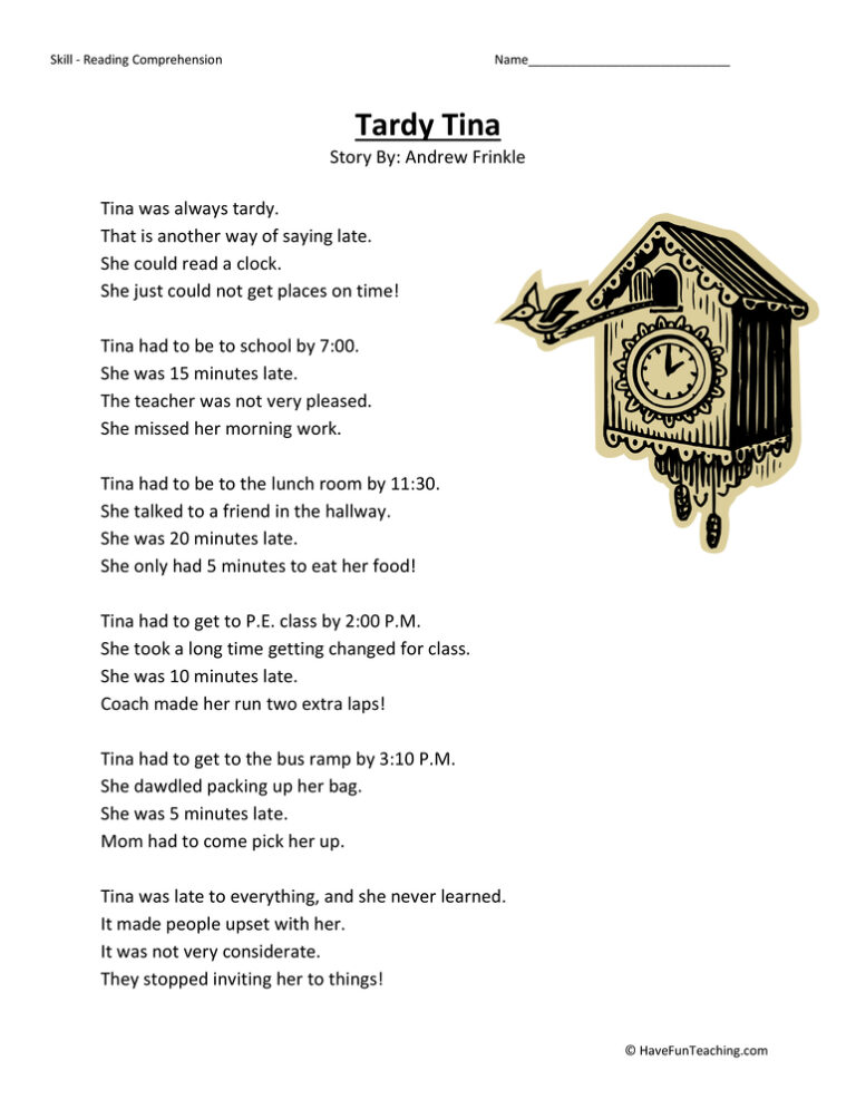 Tardy Tina Reading Comprehension Worksheet