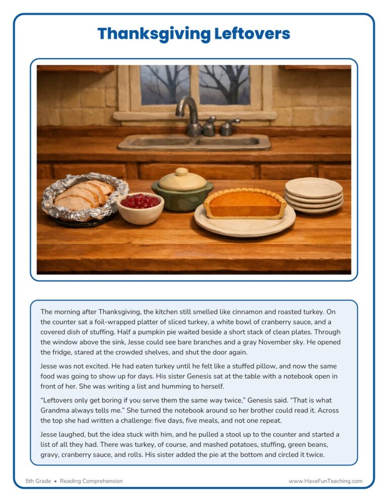 Thanksgiving Leftovers Reading Comprehension Worksheet
