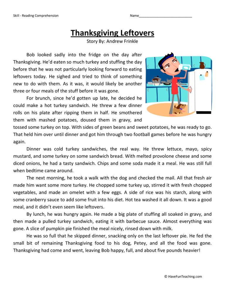 Thanksgiving Leftovers Reading Comprehension Worksheet