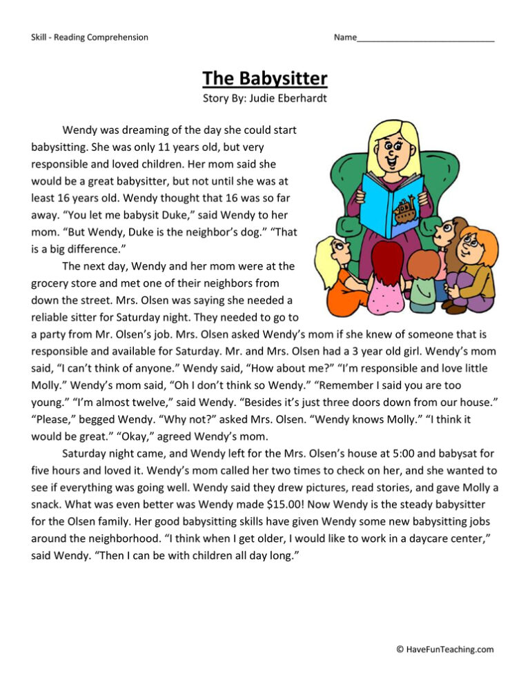 The Babysitter Reading Comprehension Worksheet