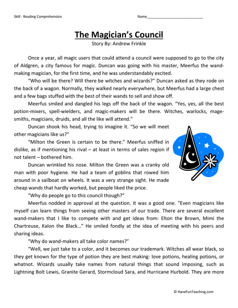The Magician's Council Reading Comprehension Worksheet