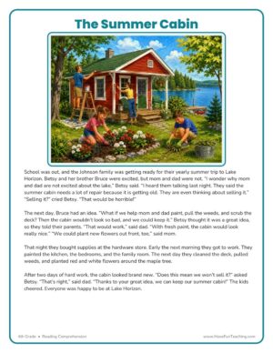 The Summer Cabin reading comprehension worksheet for 4th grade with a family story and illustration