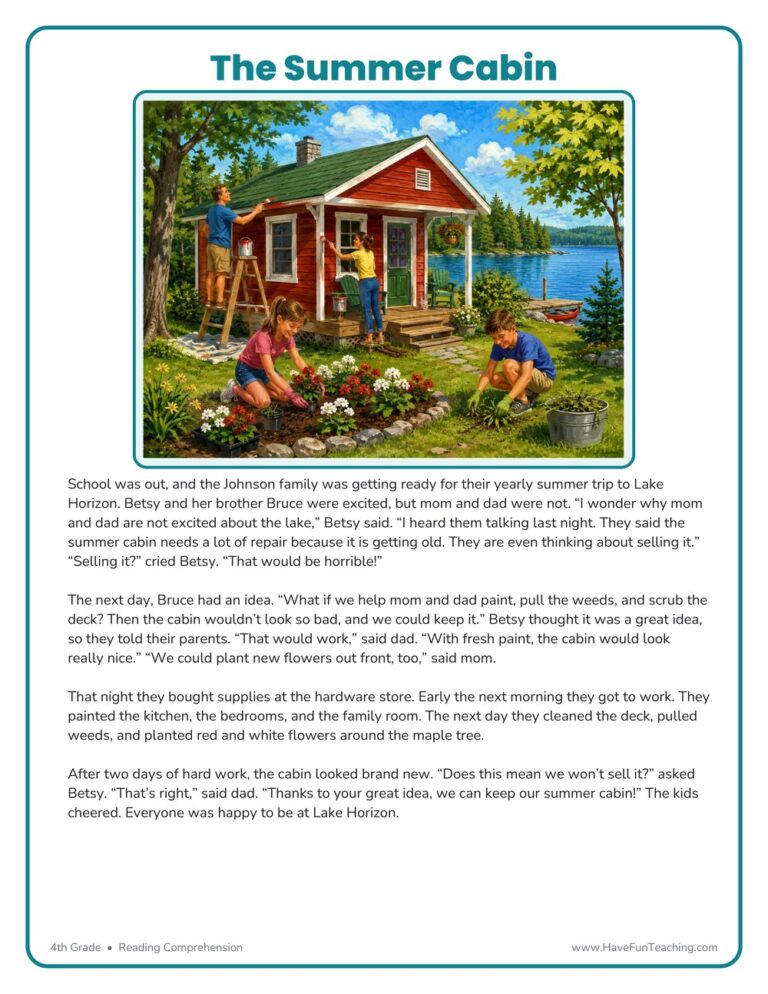 The Summer Cabin Reading Comprehension Worksheet