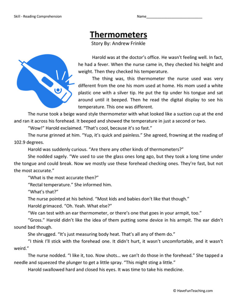 Thermometers Reading Comprehension Worksheet