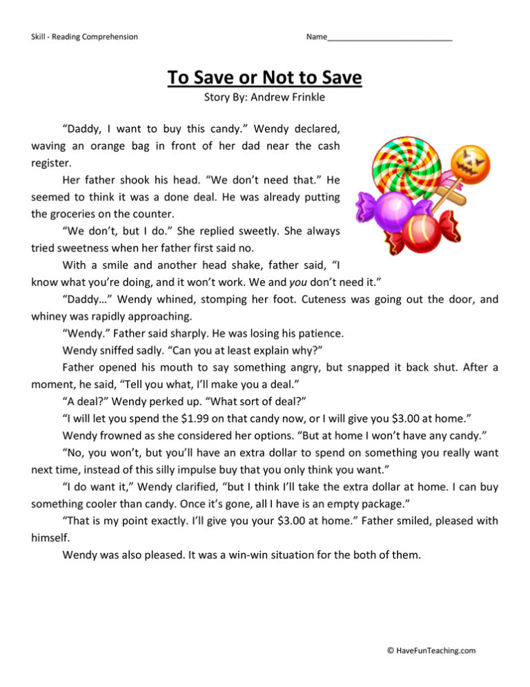 To Save or Not to Save Reading Comprehension Worksheet