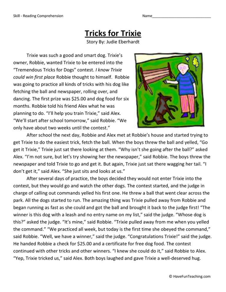 Tricks for Trixie Reading Comprehension Worksheet