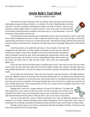Uncle Bob's Tool Shed Reading Comprehension Worksheet