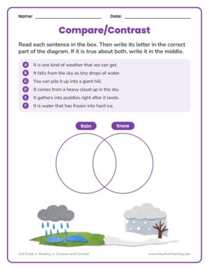 2nd Grade Venn Diagram Graphic Organizer - sort six sentences about rain and snow