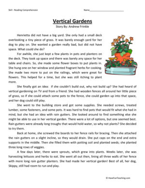 Vertical Gardens Reading Comprehension Worksheet