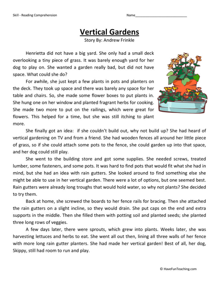 Vertical Gardens Reading Comprehension Worksheet