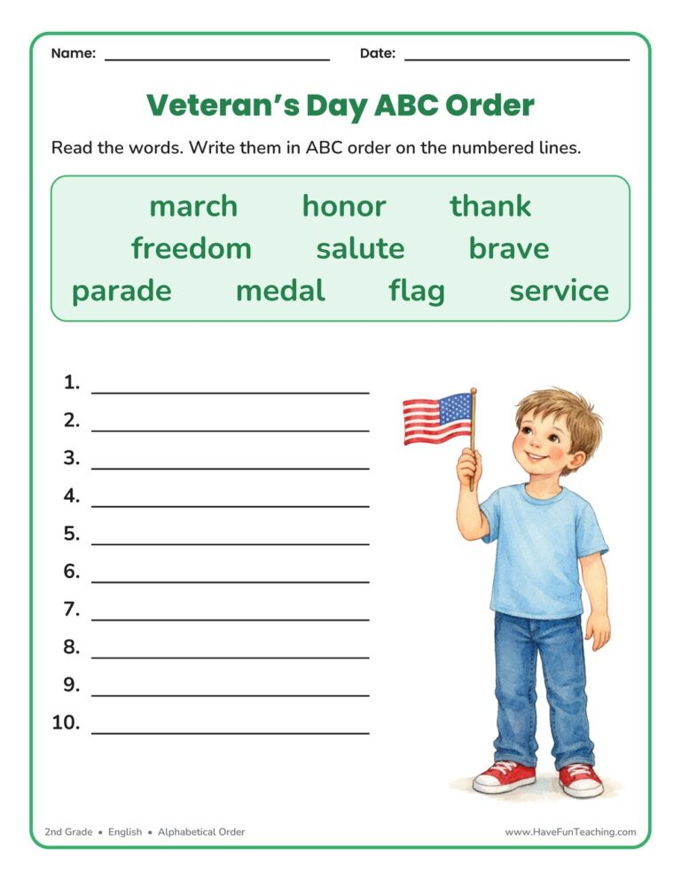Veteran's Day ABC Order Worksheet