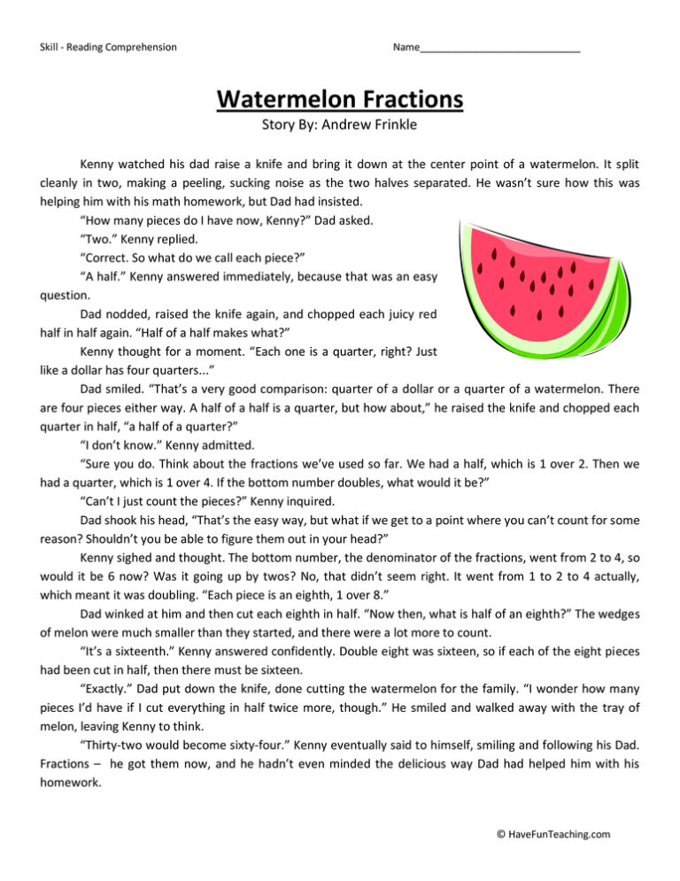 Watermelon Fractions Reading Comprehension Worksheet