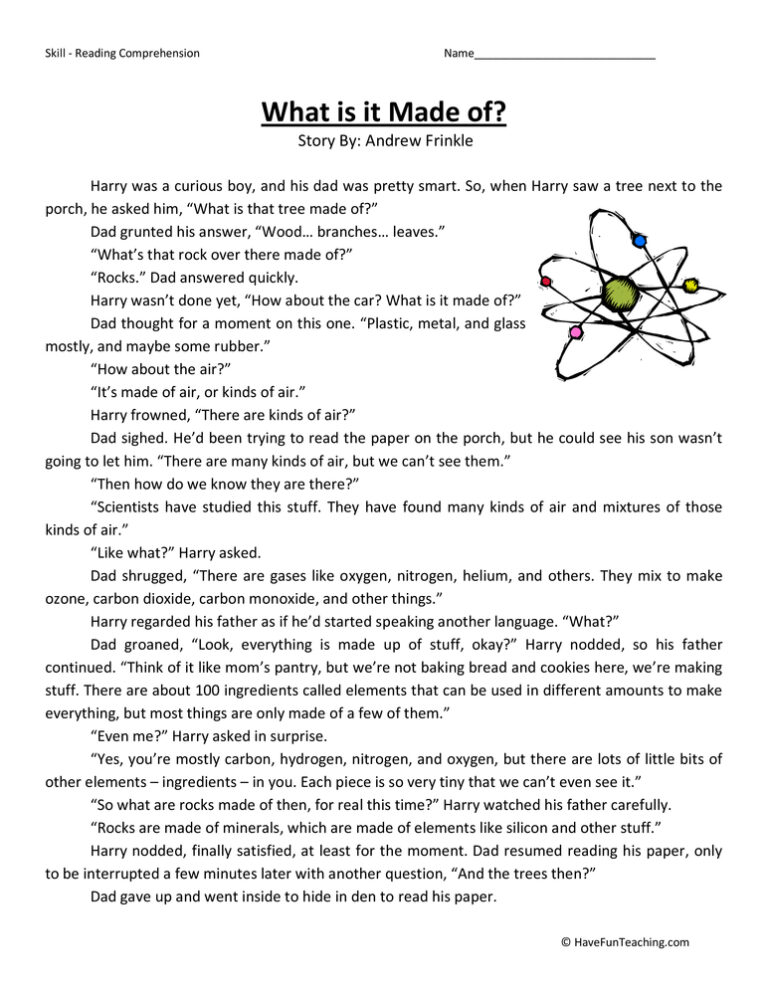 What is it Made of? Reading Comprehension Worksheet
