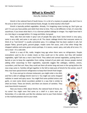 What is Kimchi? Reading Comprehension Worksheet