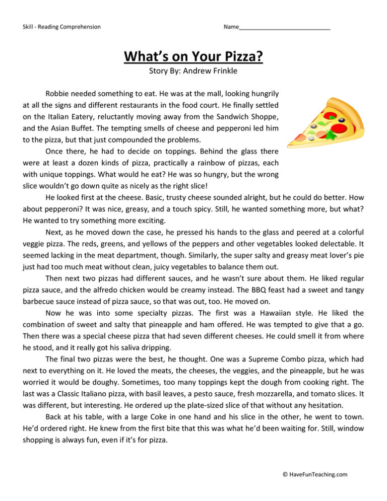 What's On Your Pizza? Reading Comprehension Worksheet