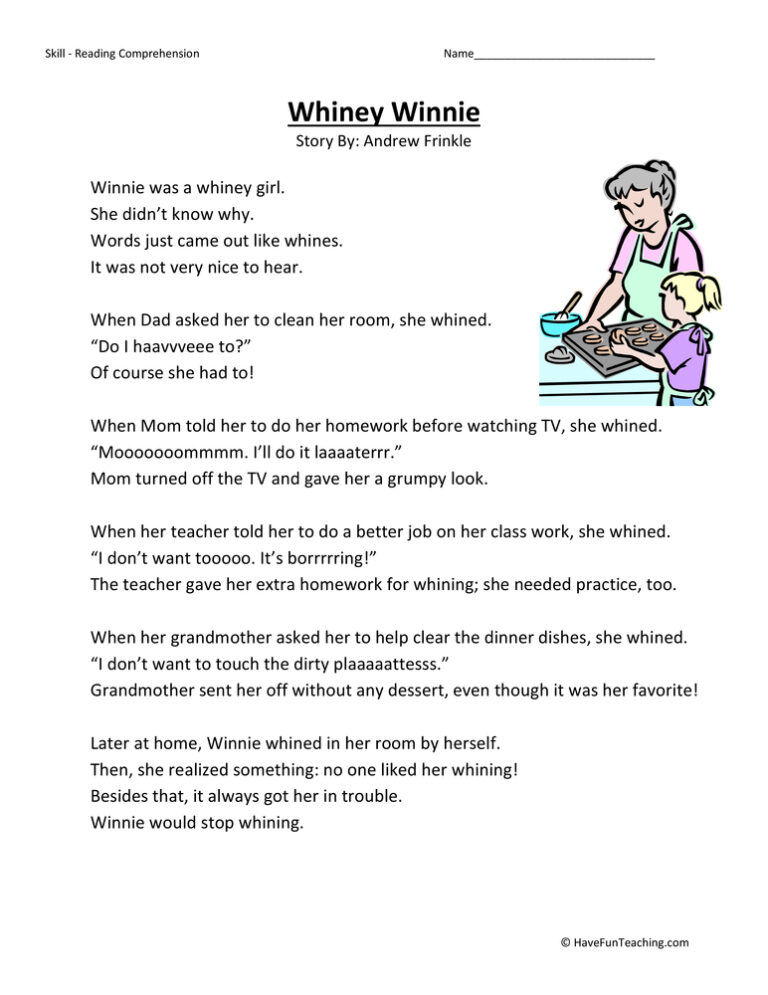 Whiney Winnie Reading Comprehension Worksheet