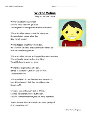 Wicked Wilma Reading Comprehension Worksheet