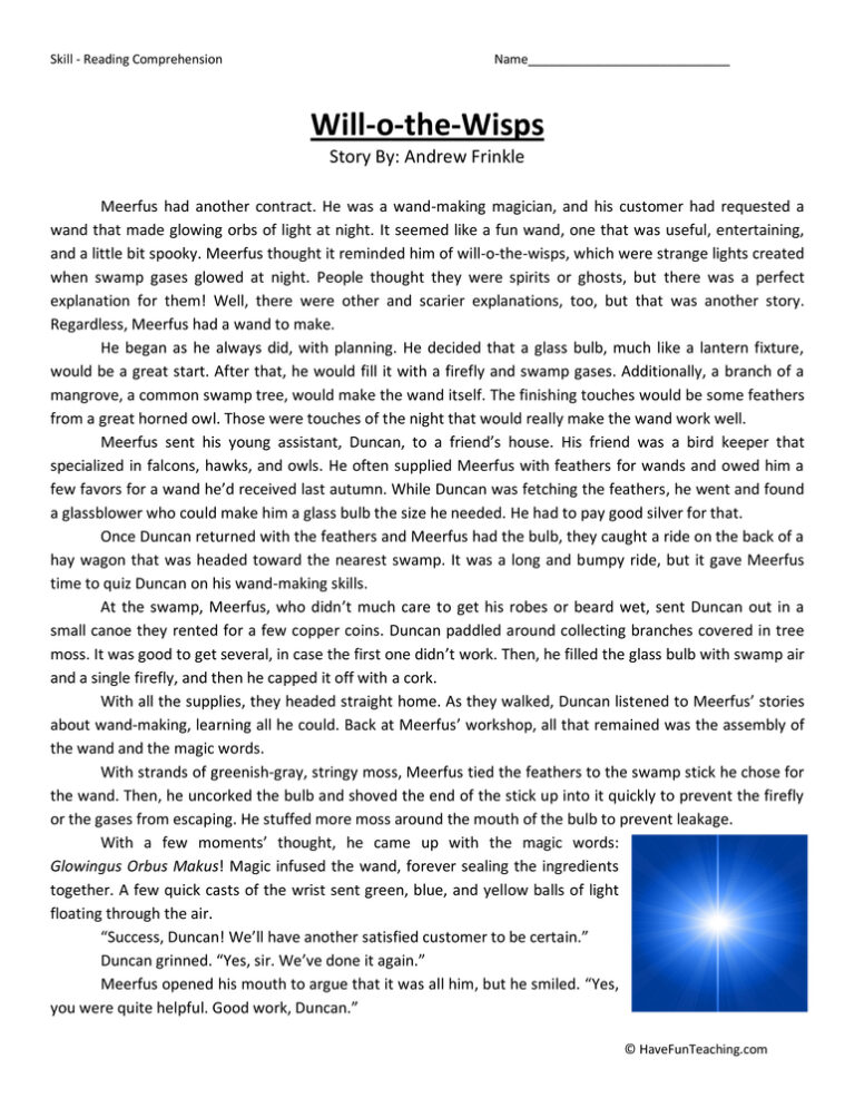 Will-o-the-Wisps Reading Comprehension Worksheet