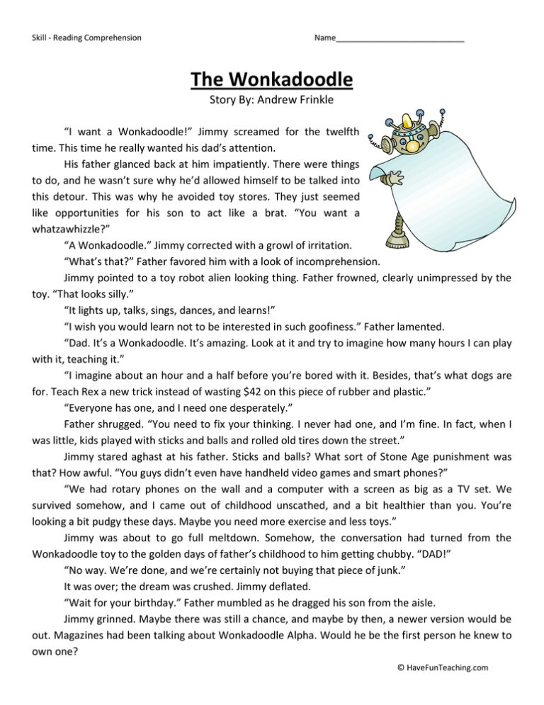 Wonkadoodle Reading Comprehension Worksheet
