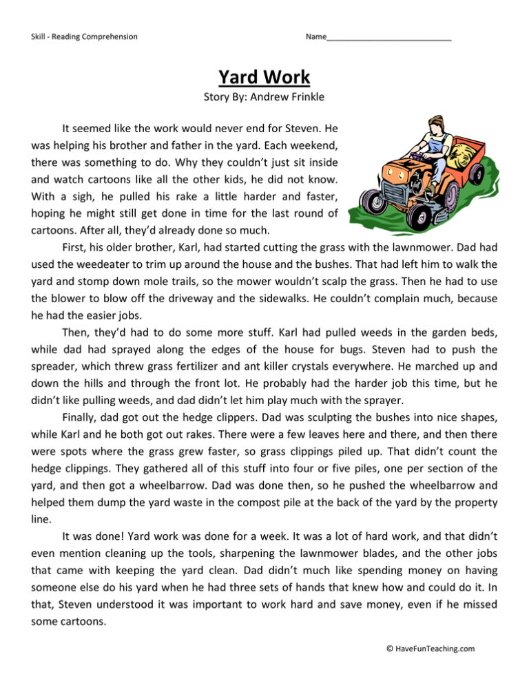 Yard Work Reading Comprehension Worksheet
