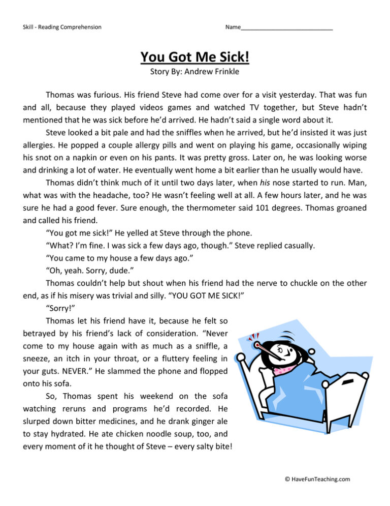 You Got Me Sick Reading Comprehension Worksheet