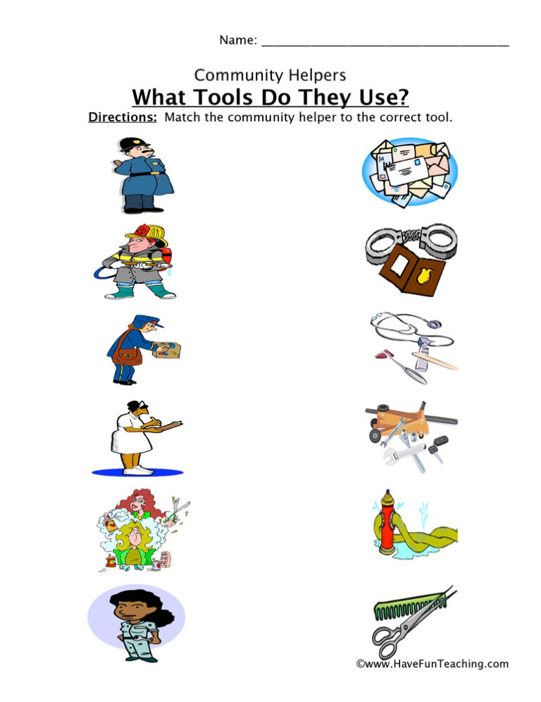 Community Helper Tools Matching Worksheet