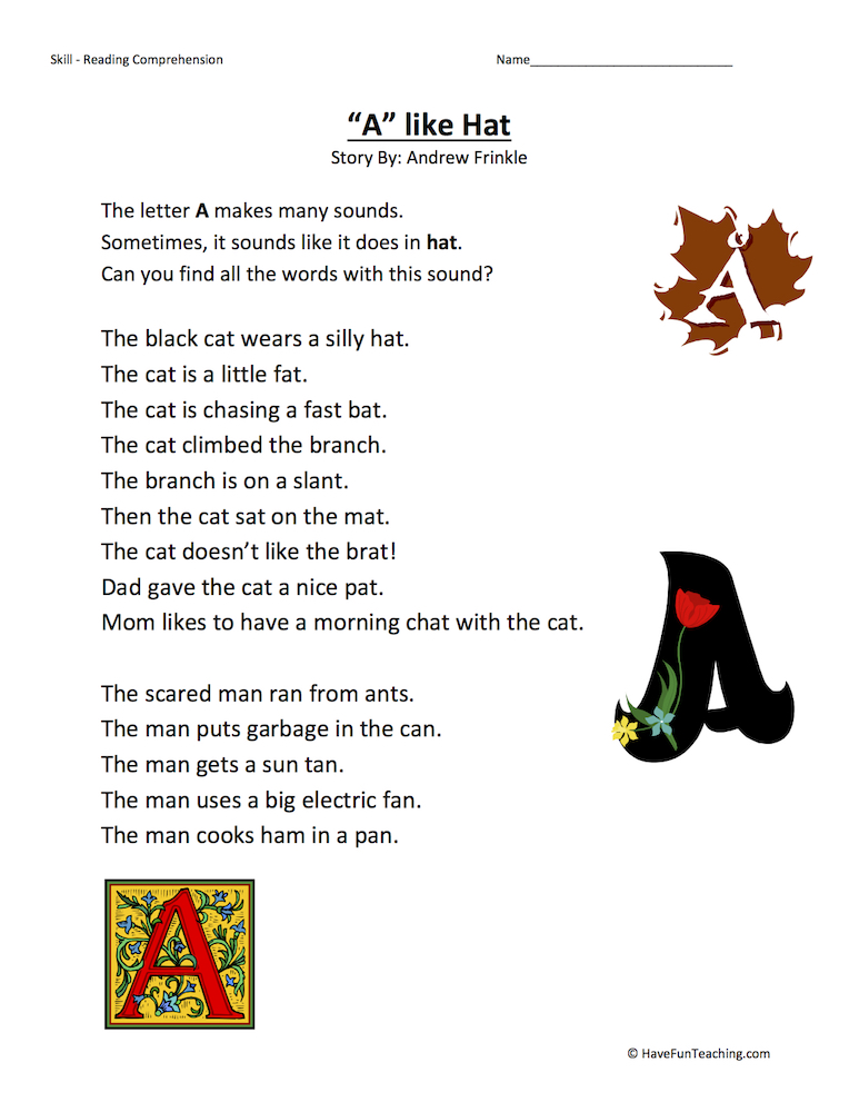 A Like Hat Reading Comprehension Worksheet