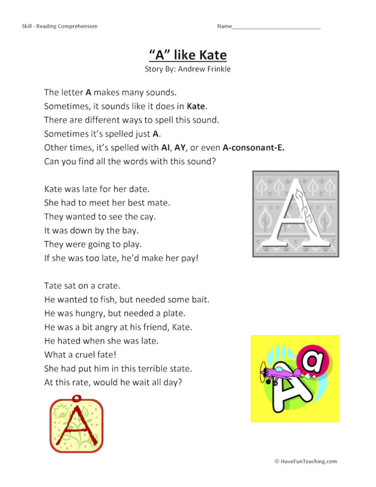 A Like Kate Reading Comprehension Worksheet