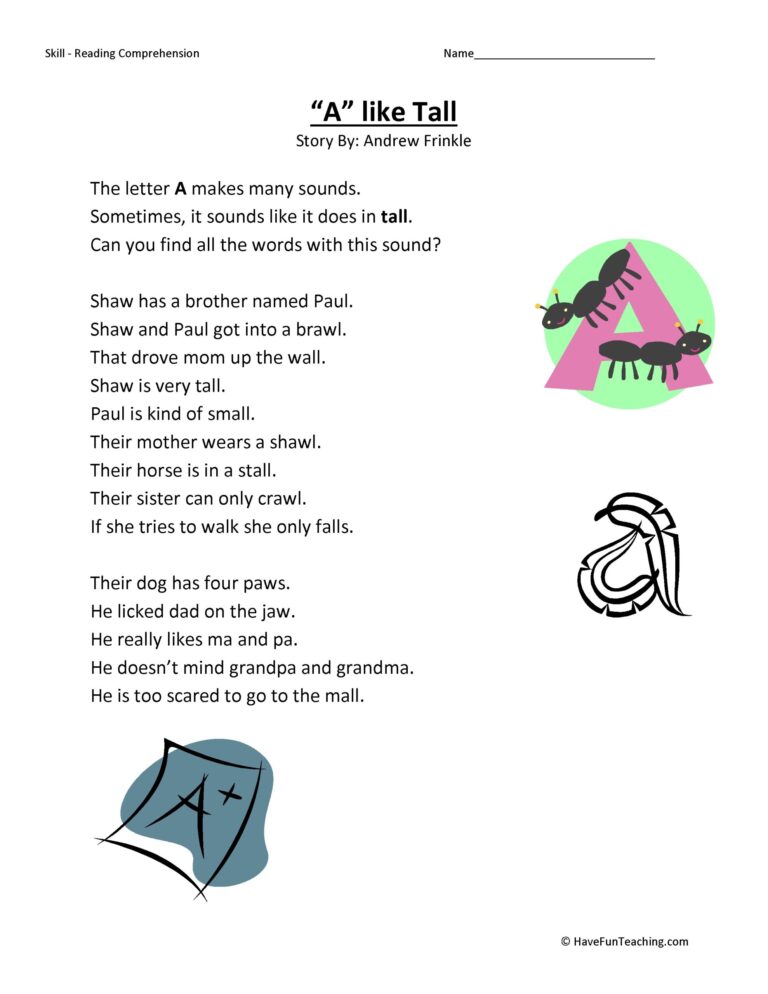 A Like Tall Reading Comprehension Worksheet