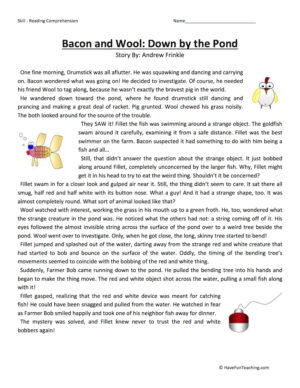 Bacon and Wool: Down by the Pond - Reading Comprehension Worksheet