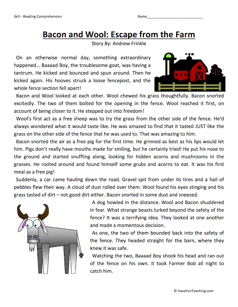Bacon and Wool: Escape from the Farm - Reading Comprehension Worksheet