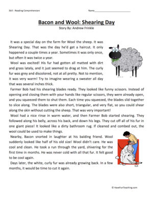 Bacon and Wool: Shearing Day - Reading Comprehension Worksheet