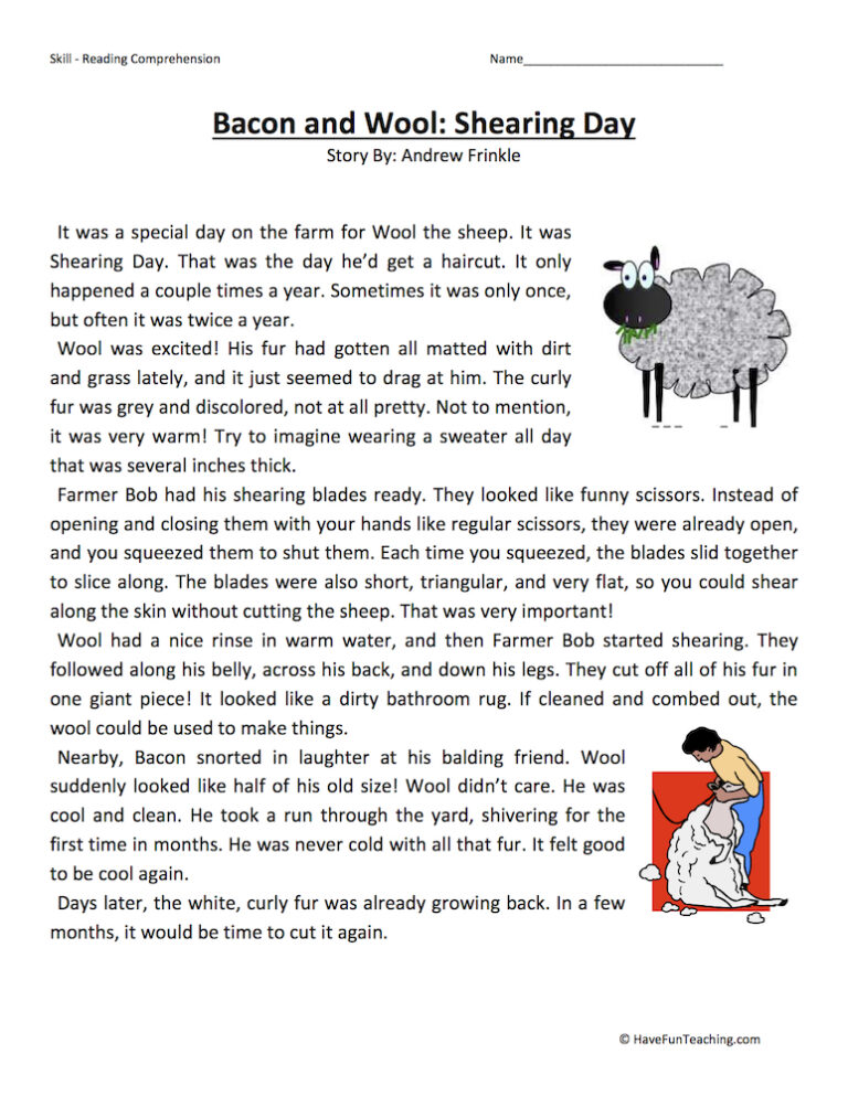 Bacon and Wool: Shearing Day - Reading Comprehension Worksheet