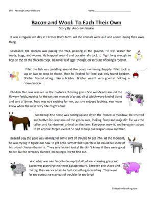 Bacon and Wool: To Each Their Own - Reading Comprehension Worksheet