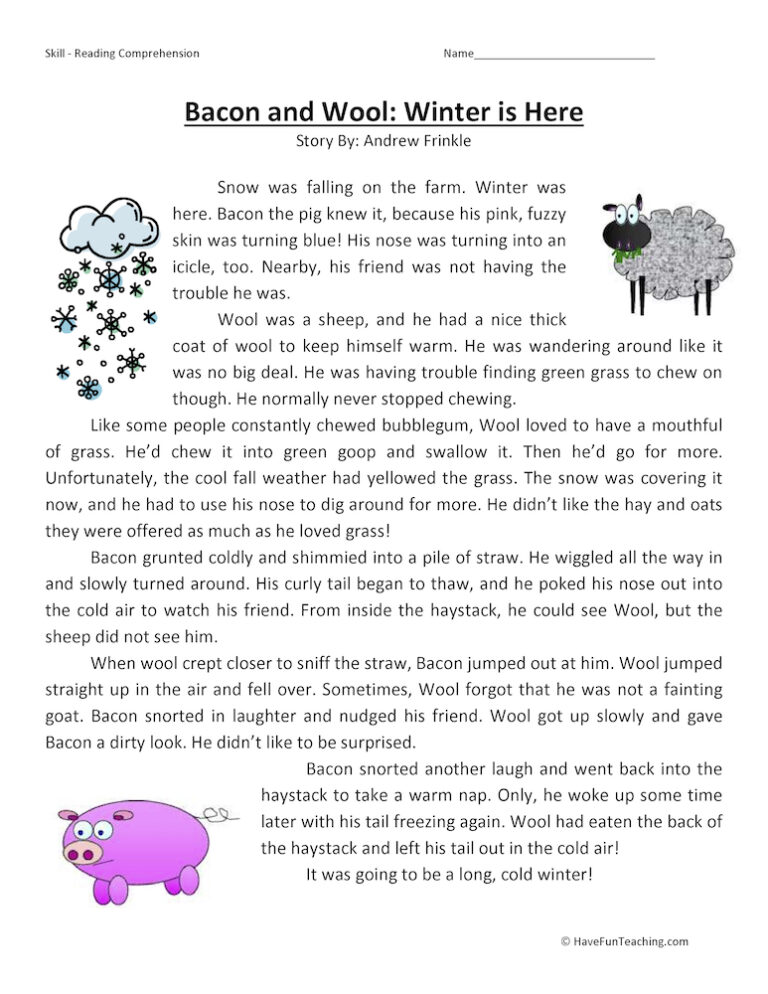Bacon and Wool: Winter is Here - Reading Comprehension Worksheet