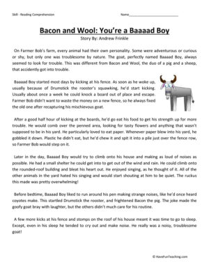 Bacon and Wool: You're a Baaaad Boy - Reading Comprehension Worksheet