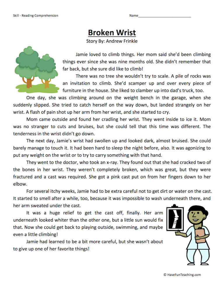 Broken Wrist - Reading Comprehension Worksheet