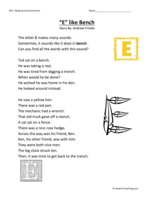 E Like Bench Reading Comprehension Worksheet