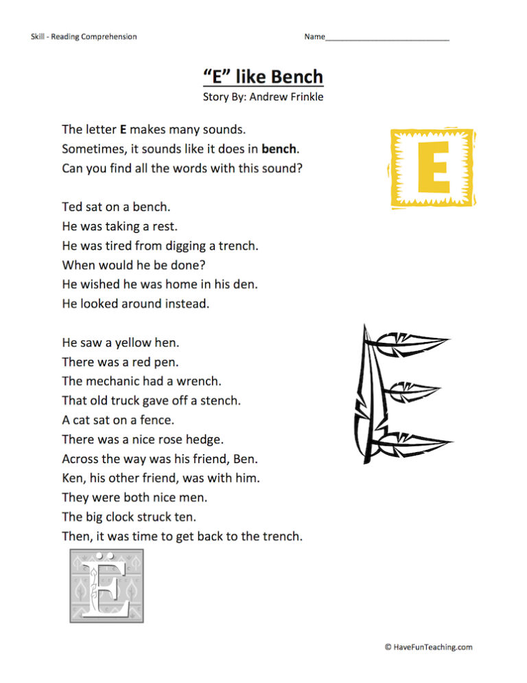E Like Bench Reading Comprehension Worksheet