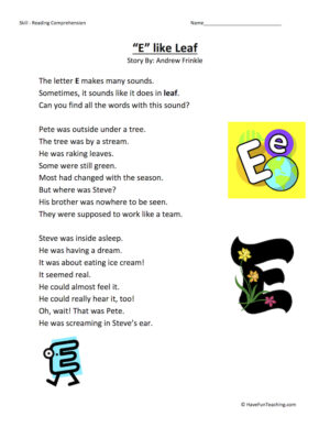 E Like Leaf Reading Comprehension Worksheet